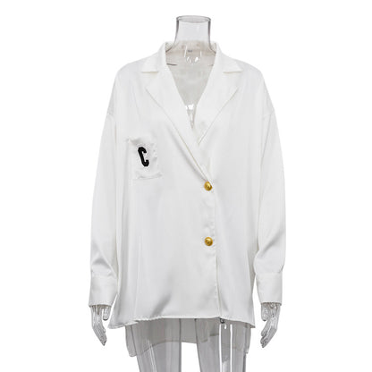 Women  Clothing Office Suit Collar Long Sleeve Loose Shirt Satin Drape   White Shirt Top