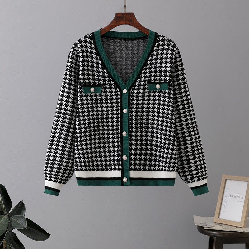 Fall Retro Chanel Knitted Cardigan Houndstooth V neck Korean Coat Women