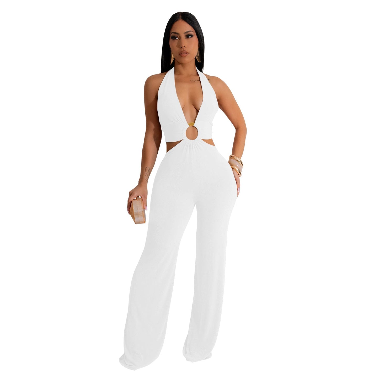 Women Wear Solid Color V neck Smart Trousers Jumpsuit