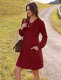 Women Clothing V Neck Pocket Sunken Stripe Brushed Long Sleeve Casual Dress