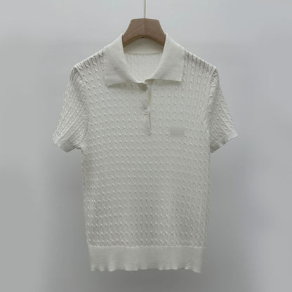 Embroidered Polo Collar Short Sleeve T shirt Casual Knitted Top Spring Summer Twist Sweater