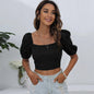 Women Clothing Spring Summer Square Collar Solid Color Backless Lace up T-shirt Navel-Exposed Casual Top for Women