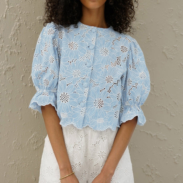 Women Embroidery Short Shirt Flared Sleeves Cropped Exposed Shirt Top