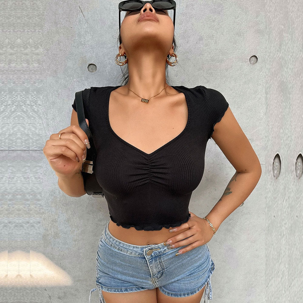 Summer Women Clothing V neck Pleated Slim T shirt Elastic Exposed Cropped Solid Color Ultra Short Short Sleeve Top