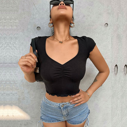 Summer Women Clothing V neck Pleated Slim T shirt Elastic Exposed Cropped Solid Color Ultra Short Short Sleeve Top