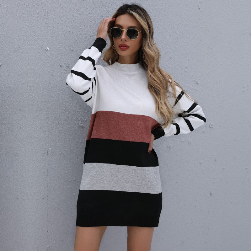 Women Clothing Autumn Winter Color Matching Fashionable Long Knitted Base Sweater Dress