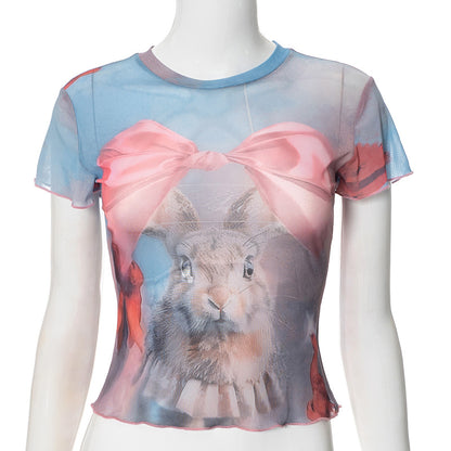 Sexy Sweet Spicy Bow Rabbit Print round Neck Western Contrast Color Shoulder T shirt