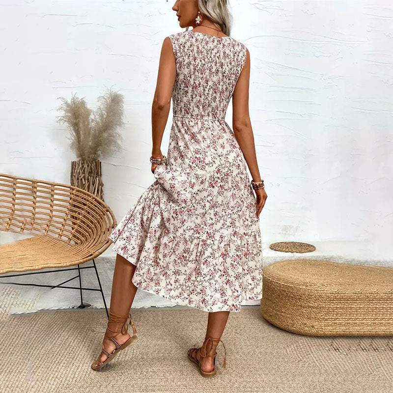 Women Floral Smocking Ruffled Slim Sleeveless Maxi Dress Spring Summer Women Design Long Tiered Dress Dress No Belt