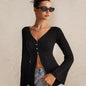 Women Clothing V Neck Sexy T Shirt Autumn Winter Special Interest Design Slim Fit Short Cropped Cardigan Top