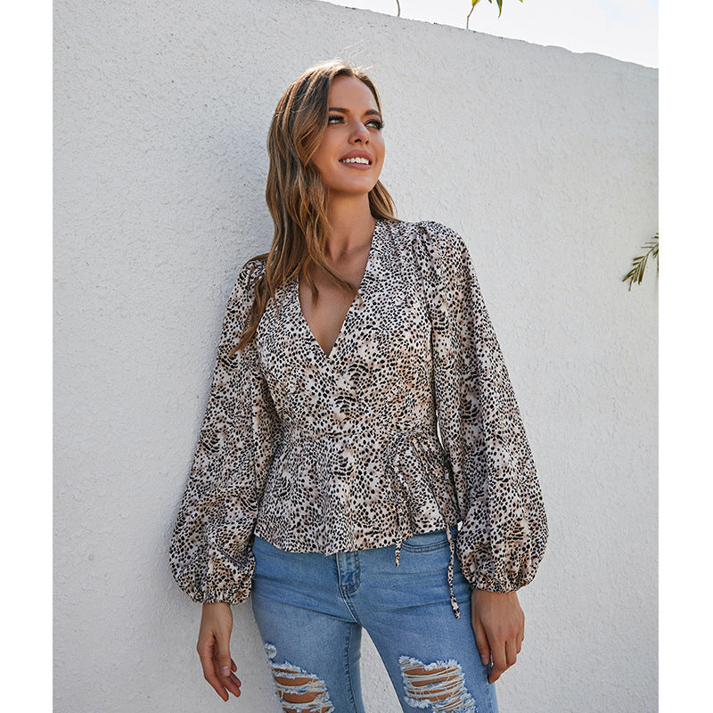 Elegant Floral Print Niche Women Shirt V Neck Lantern Sleeve Leopard Print Office All Matching Long Sleeve Top