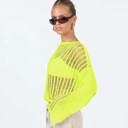 Long Sleeve Hollow Out Cutout Out Knitted Mesh Shirt Women Summer Thin Type Sunscreen Blouse Early Spring Top Outer Wear