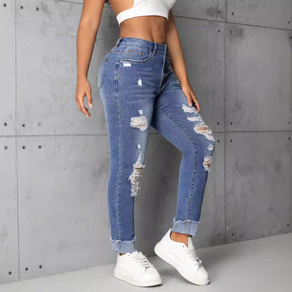 Women Clothing Trendy Thin Looking Ripped Straight Skinny Denim Trousers