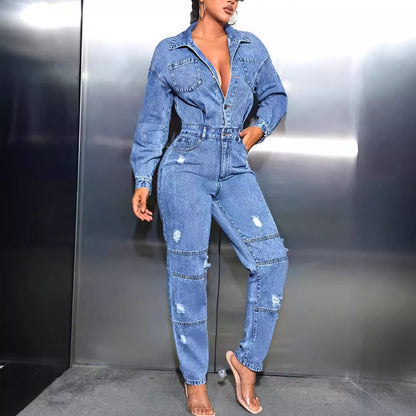 Women Clothing Casual Office Slim Fit Bodysuit Ripped Denim