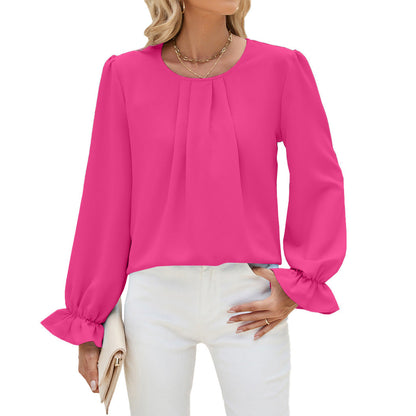 Autumn Winter Solid Color Round Neck Loose Long Sleeved Chiffon Top Bottoming Shirt