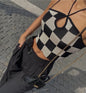 Retro Black White Plaid Sexy Lace up Halterneck Vest Summer Sexy Hollow Out Cutout Knitted Sling Top