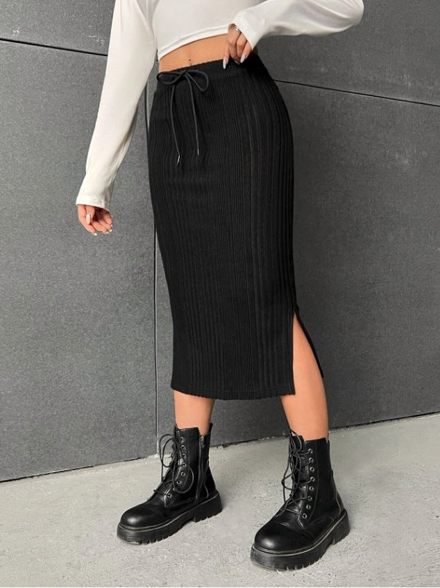 Autumn Winter Casual High Waist Drawstring Slit Knitted Fleece Skirt for Women