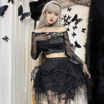 Women Skirt Autumn Gothic Punk Spider Web Tassel Mini Skirt Hallowen Gothic Skirt