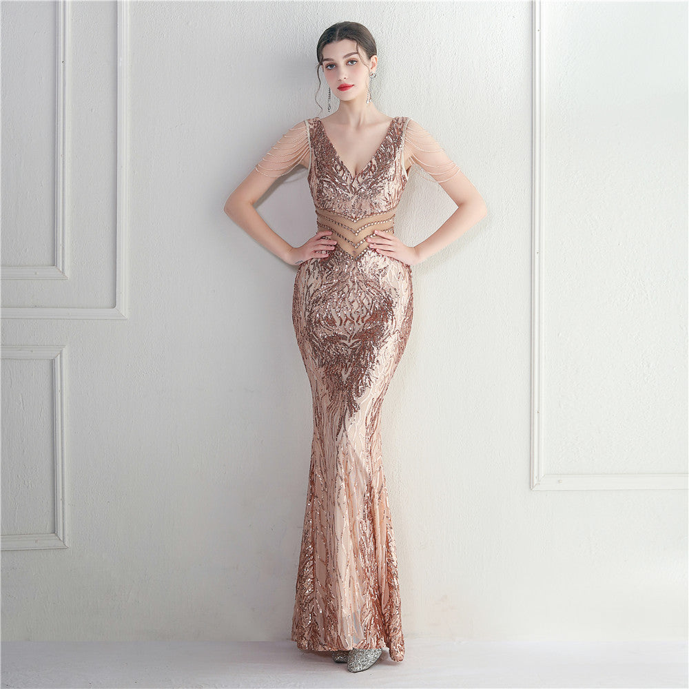 Positioning Floral Heavy Industry Beaded Long Fish Tail Evening Dress Suitable Attending Formal Occasions