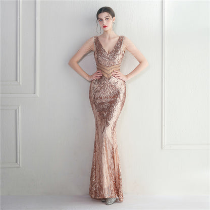 Positioning Floral Heavy Industry Beaded Long Fish Tail Evening Dress Suitable Attending Formal Occasions