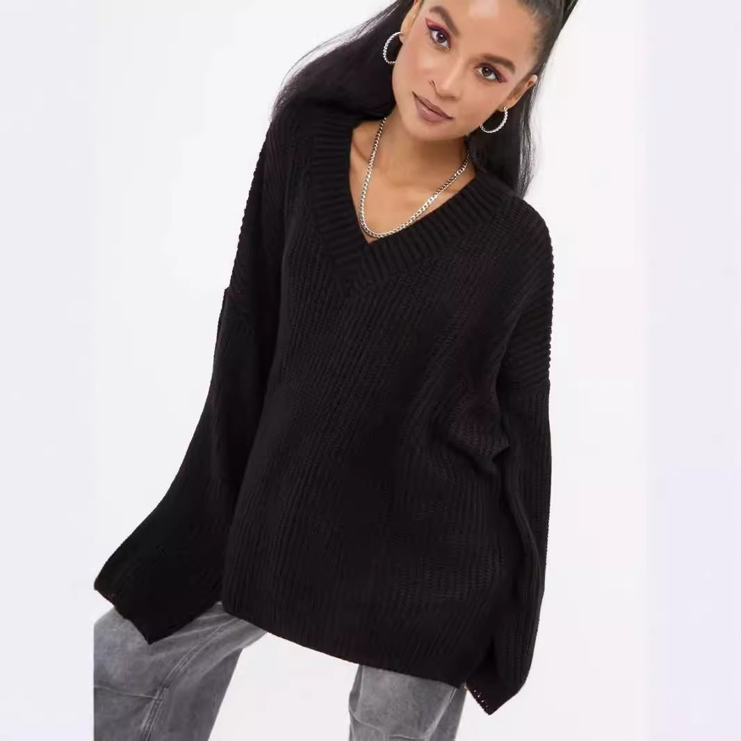 Lazy Sweater Autumn Winter Solid Color Casual V neck Loose Long Sleeve Women Knitwear