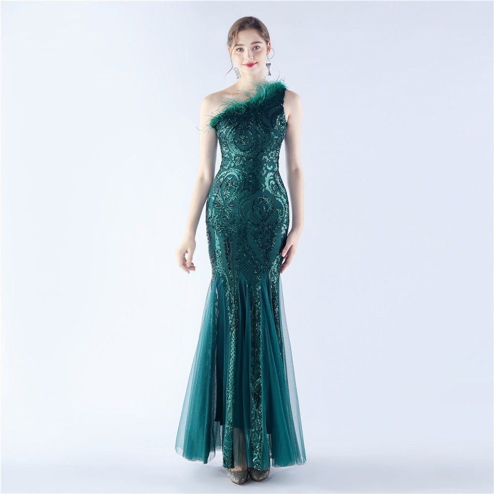 Craft Order Ostrich Feather Mesh Stitching Sequin High End Evening Dress