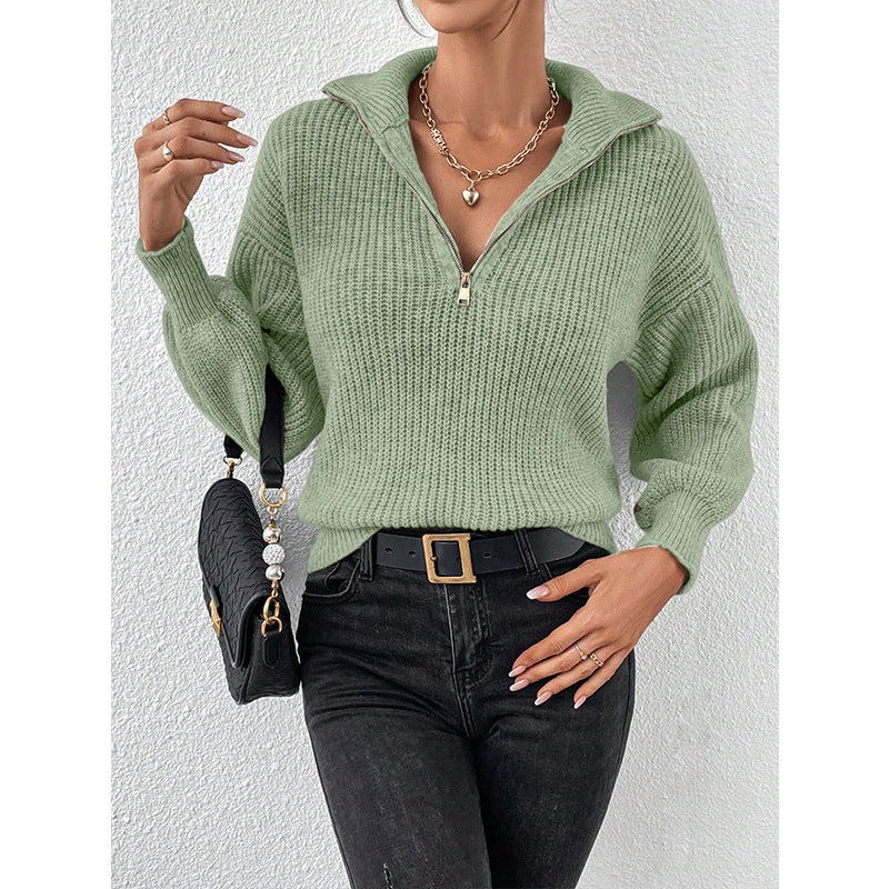 Zipper Pullover Sweater Solid Color Loose Casual Polo Collar Long-Sleeve Zipper Sweater Women