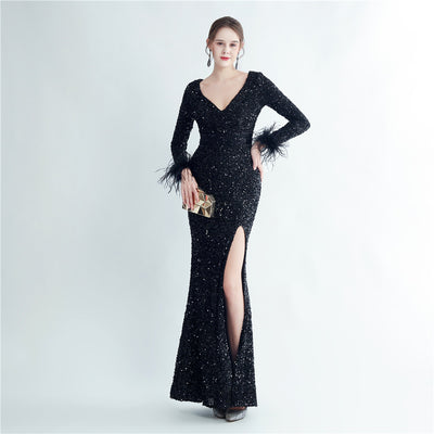 Ostrich Feather Cuff Design Side Slit Long Sleeve Sequined Fishtail Evening Dress