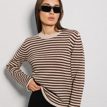 Striped Sweater Autumn Trendy Thread Contrast Color round Neck Knitted Striped Sweater