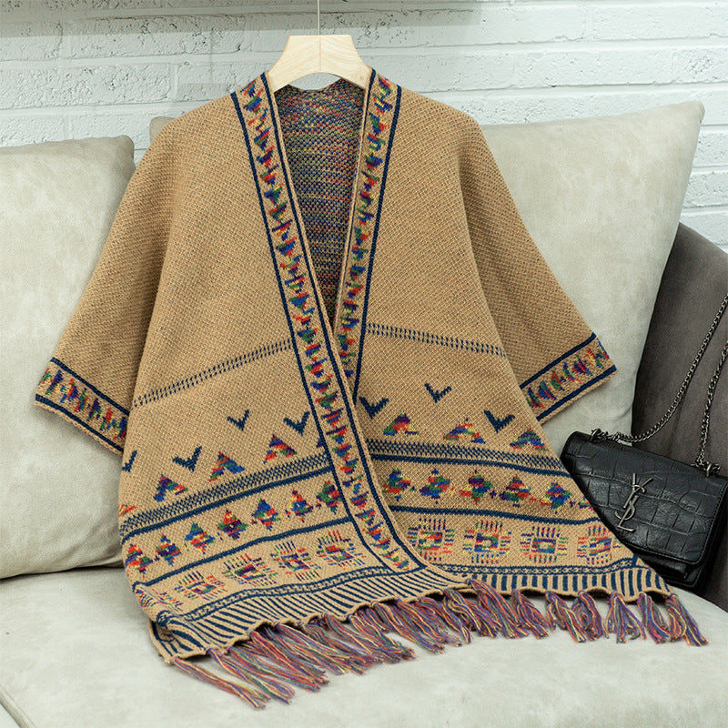 Knitted Tassel Shawl for Women Autumn Winter Casual Loose Jacquard Cape Cloak Coat