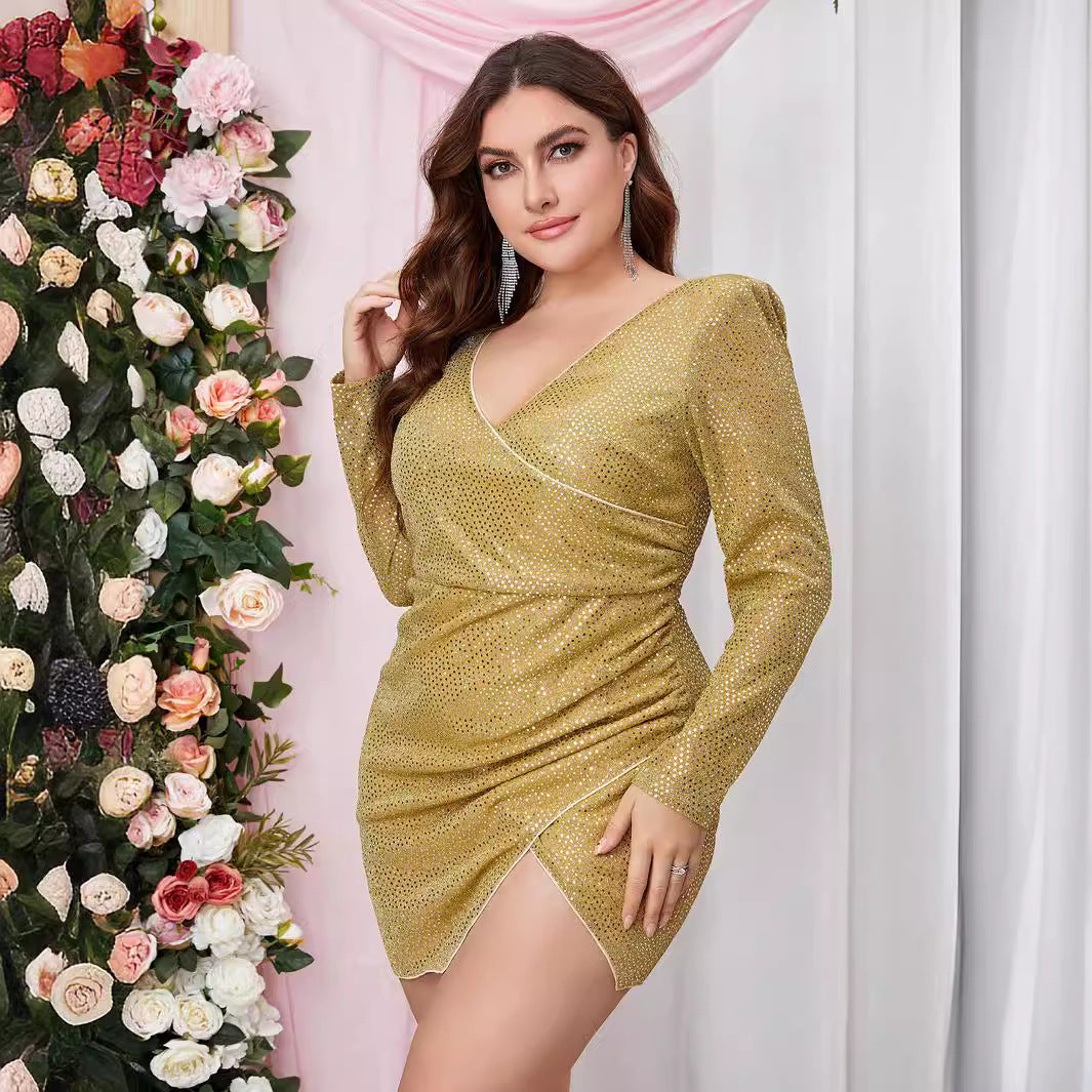 Plus Size Women Clothing Sequined Deep V Plunge Waist Design Slit Hemline at Hem Long Sleeve Dress