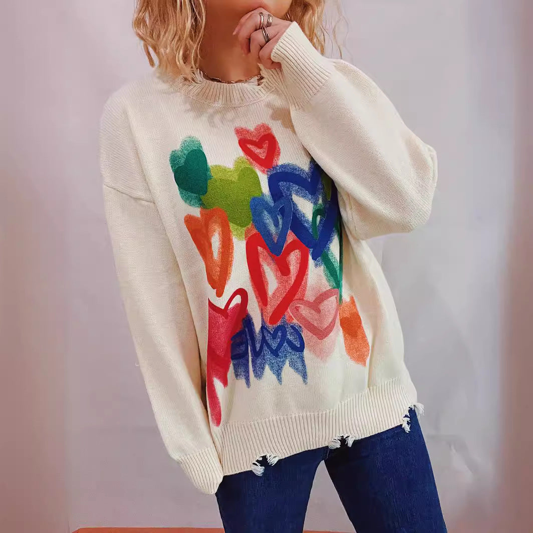 Japanese Korean Retro Lazy Soft Glutinous Printed Ripped Colored Loving Heart Graffiti Sweater Sweater Pullover