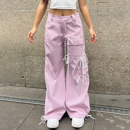 Niche Design Lace Up Bow Patchwork Casual Pants Street Trend Low Waist Baggy Straight Trousers Women Summer