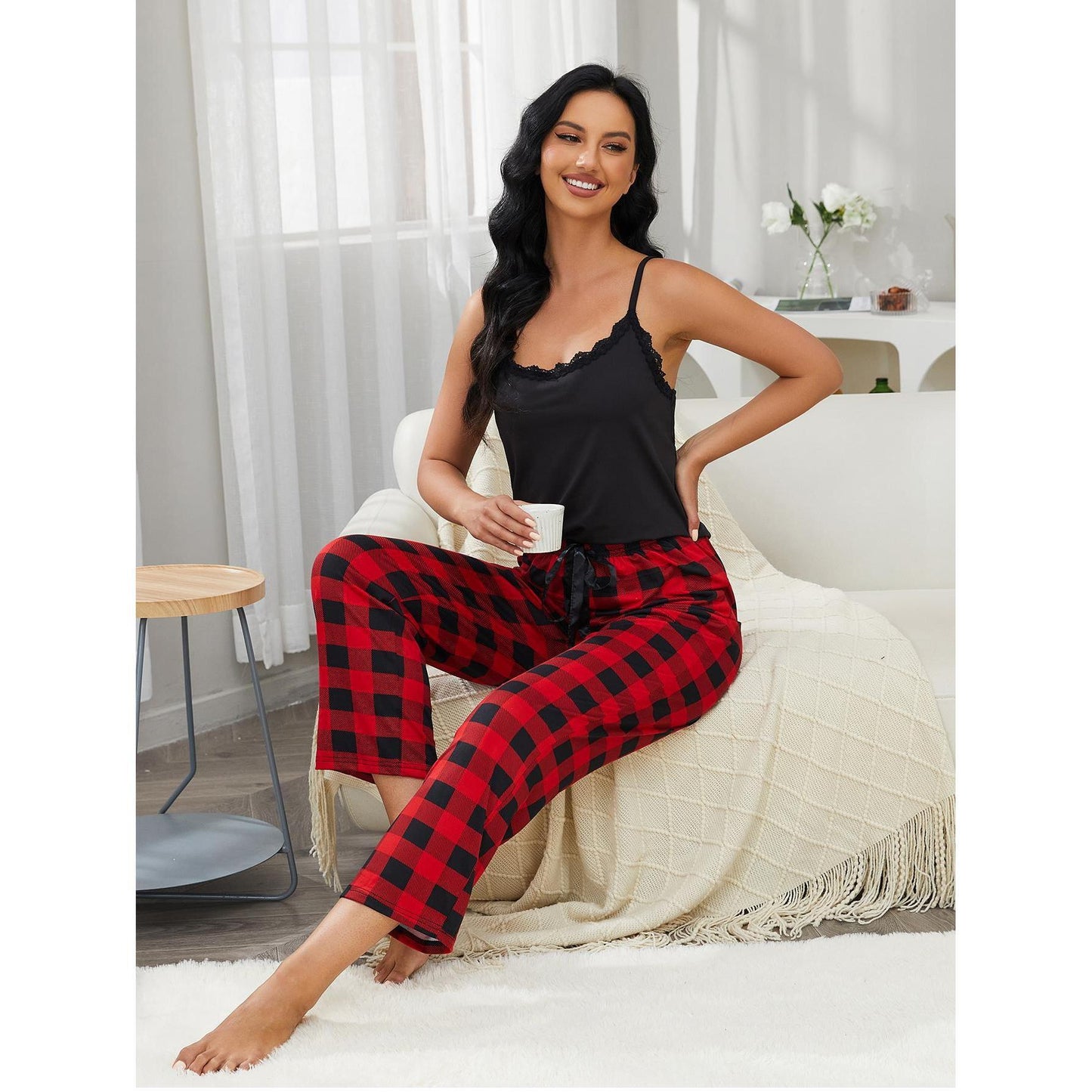 Pajamas Women Summer Suspender Plaid Trousers Home Wear Suit Meike