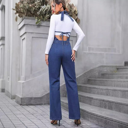 Women Wear Casual Slimming High Waist Straight Leg Denim Jumpsuit Trousers