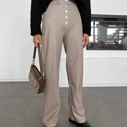 Women Autumn Winter High Waist Leather Stitching Trousers Women Casual Pants Leather Pants