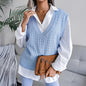 Women Pink Sweater V-neck Knitted Vest Vest Solid Color Women Top