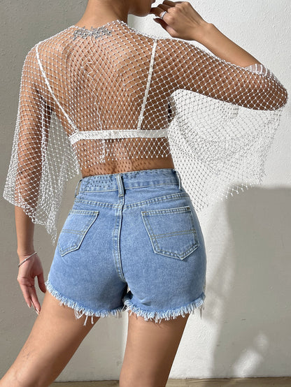 Rhinestone Fishnet Top Step into Summer Popular Mesh Rhinestone Women Clothing Short Sleeve Vest