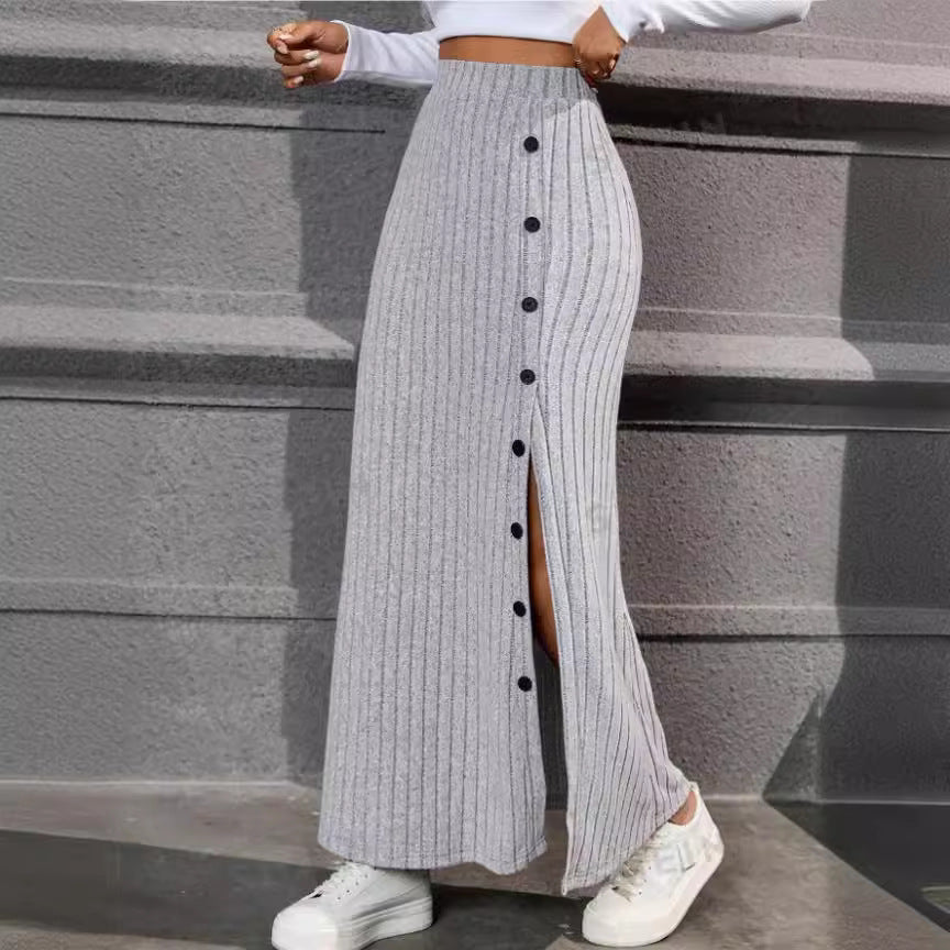 Women Clothing Knitted Dress Sunken Stripe Slit Fastener Decoration Sheath Skirt for Women