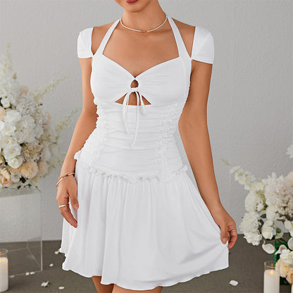 Milk Silk White Double Layer Dress Sexy Hollow Out Cutout Backless Halter Pleated Dress