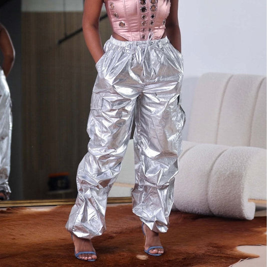 Metallic Coated Fabric Women Casual Pants Solid Color Three Dimensional Pocket Pleated Overalls