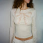 Retro Chic Hollow Out Cutout Lace Bow Laminated Top Slim Fit Long Sleeved T Shirt Women