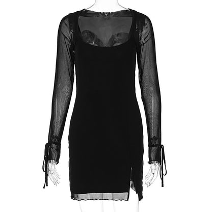 Women Clothing Summer Stylish Long Sleeves Sexy Mesh Stitching Split Dress