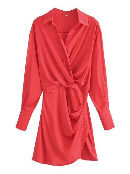 Summer Red for Women Pleated Long Sleeve Shirt Dress