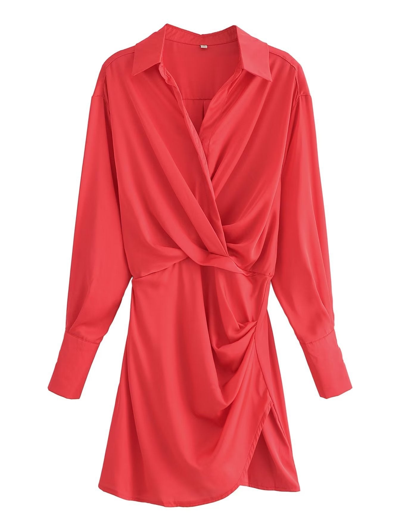 Summer Red for Women Pleated Long Sleeve Shirt Dress