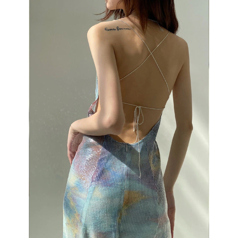 【MOQ-5 packs】 Sexy Vacation Summer Gray Bottom Floral Sequ Full Embroidery Mermaid Backless Slit High Waist Cami Dress