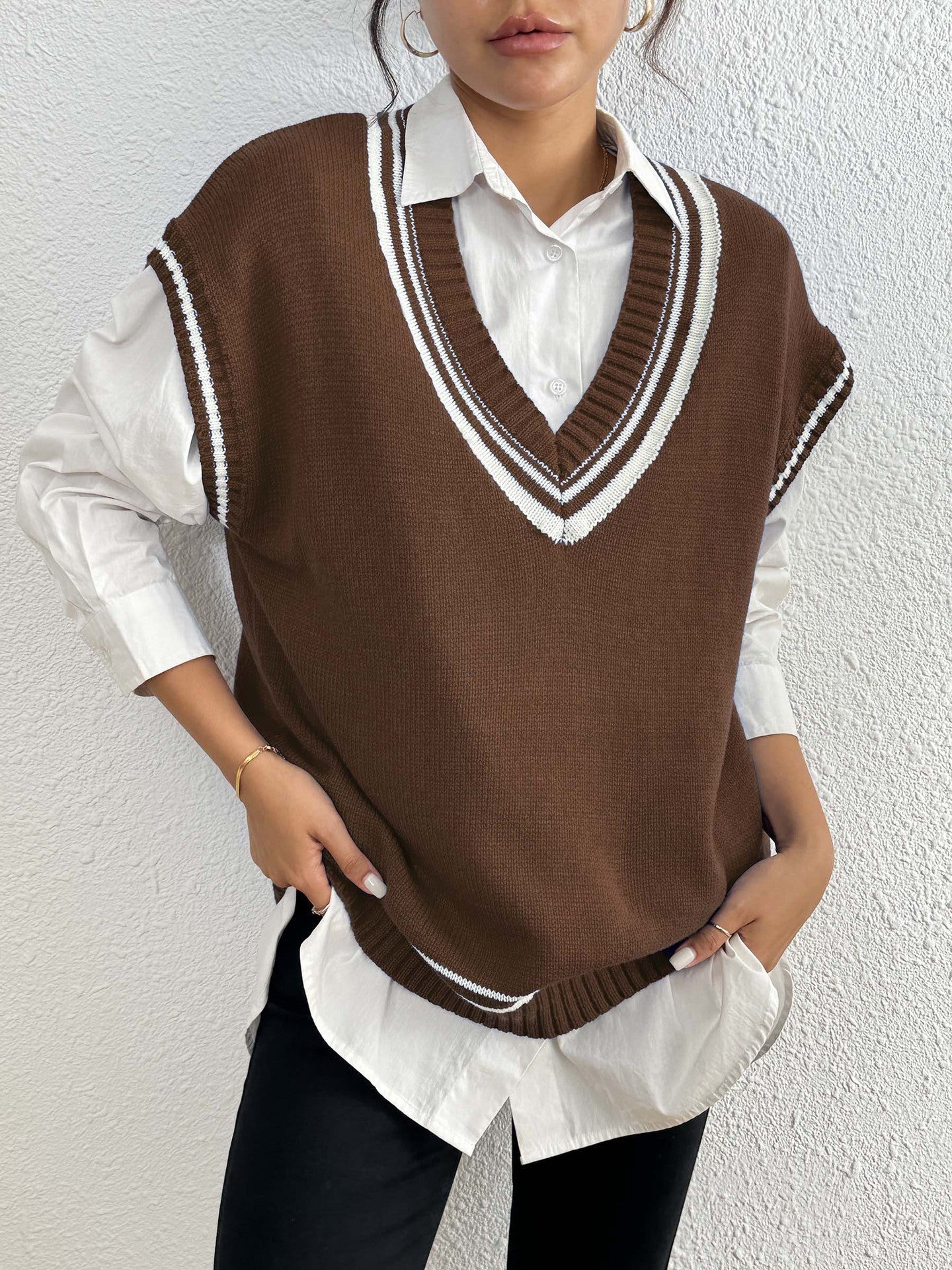 College Contrast Color Stripe Stitching Deep V Plunge neck Vest Women Clothing Color Matching Casual Wool Vest Sweater