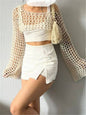 Color Matching Openwork Knitted Top Women Short T shirt Sexy Top Contrast Color Sun Protection Sweater