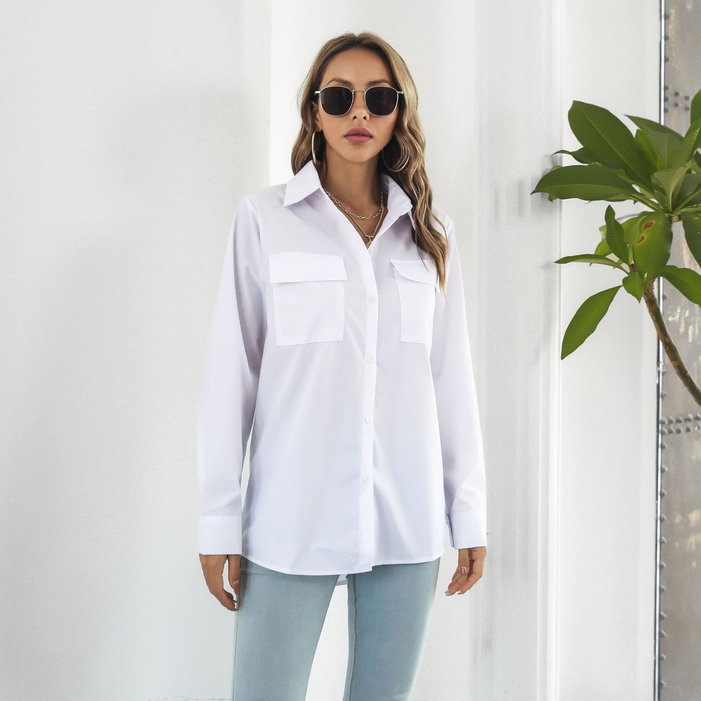 Women Cotton Pocket Long Sleeve Mid Length Shirt Loose Shirt Top Spring Autumn Women Clothing
