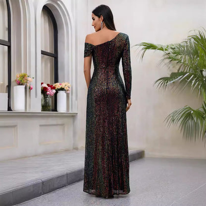 Popular Women Sexy Sequined Dress High Slit Oblique Collar Elegant Evening Dress