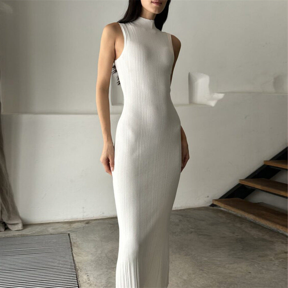 Knitted Turtleneck Sleeveless Tight Spring Summer Mid Length Dress Elegant French Dress